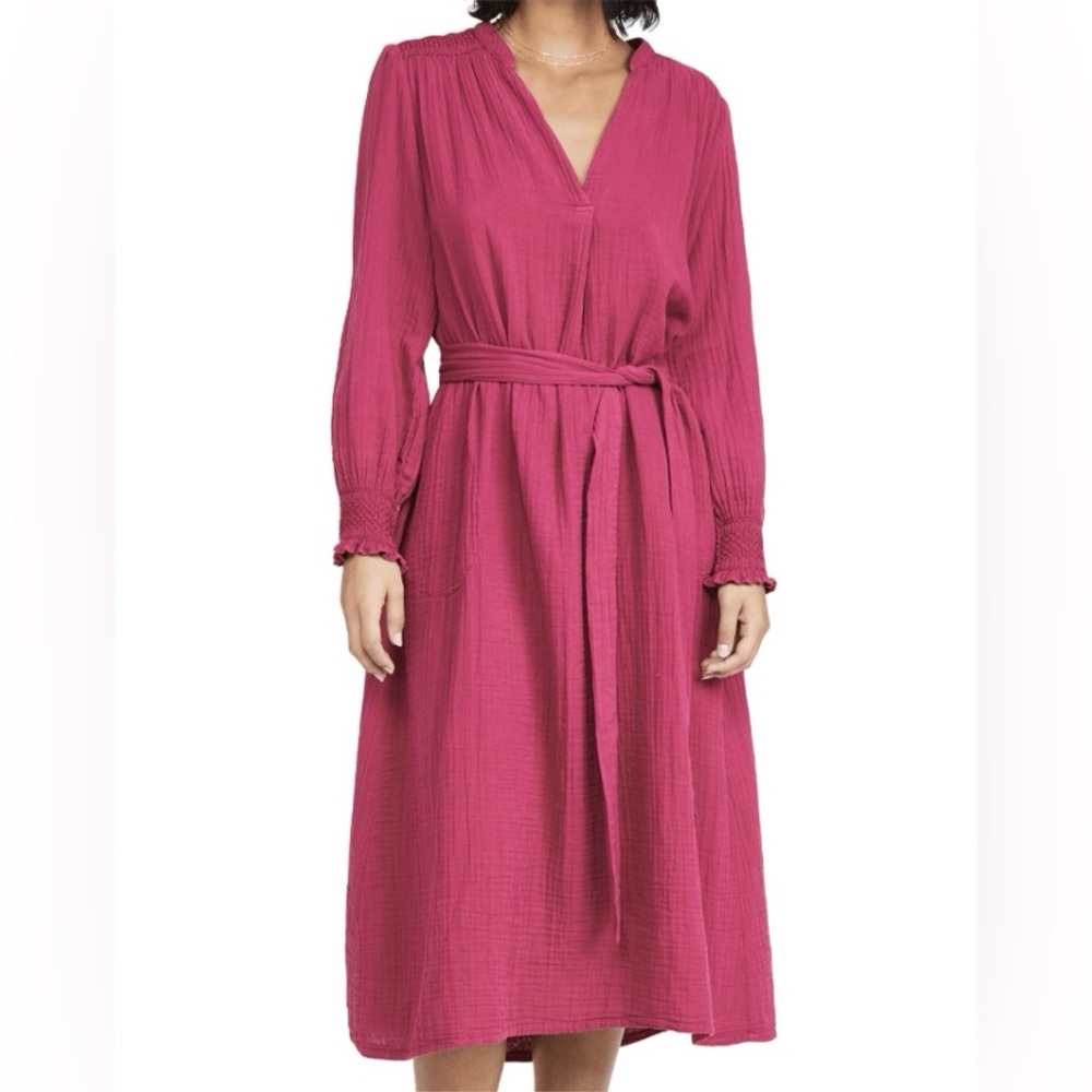 Xirena Janey Gauze dress Long Sleeve Belted Midi hot pink fuchsia S